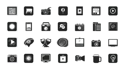 Photography and Media Flat Icons Set. Collection of Black and White Digital Technology Symbols for Web Design, Apps, and Interfaces