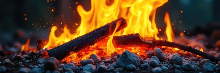 Close-up of vibrant, flickering flames consuming dry, brown twigs, leaving behind gray ash and embers The intense heat and the chaotic dance of fire are captured in detail , ignition, flammable