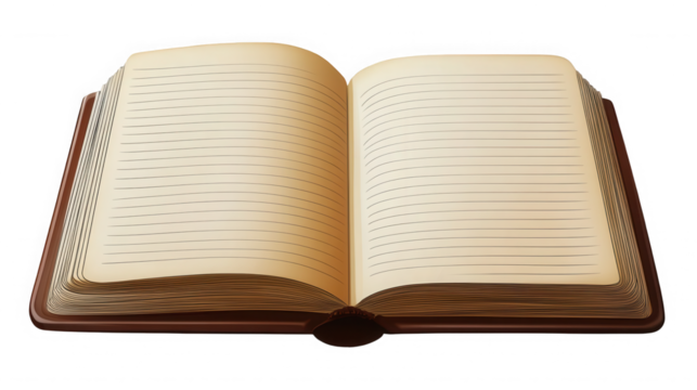 Open notebook with lined pages ready for writing on transparent background