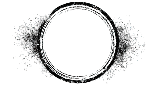 A circular design featuring a textured rim with scattered particles, creating a dynamic visual effect.