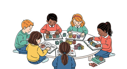 Diverse Group of Young Children Learning with Colorful Blocks at Classroom Table