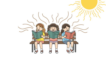 Three Cheerful Girls Reading Books Together Outdoors Under Bright Sunshine Illustration