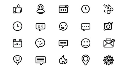 Set of diverse outline social media, communication, and user interface icons for web design, app development, and digital projects