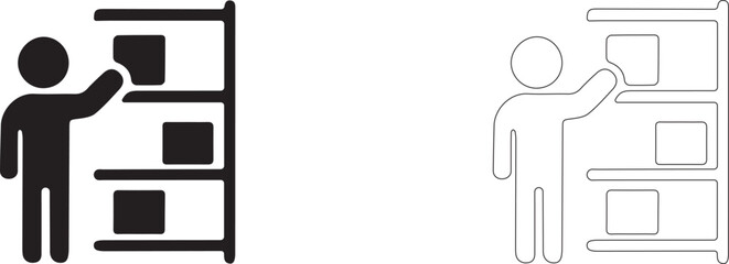 Man selects goods from shelves. Vector icon of offline shopping.