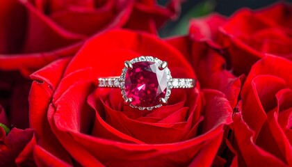 Ring with a bright red gemstone resting amongst the petals of red roses, close-up view, blurred background