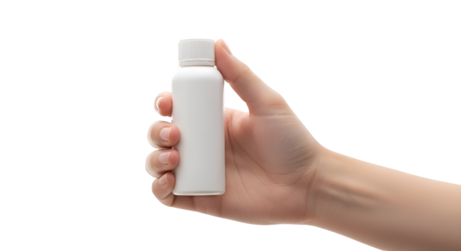 Hand holding small white plastic bottle with white cap on black background image
