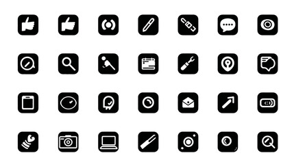 Modern digital interface icons set. Black and white vector glyphs for web design, app UI, social media, technology, and business tools.
