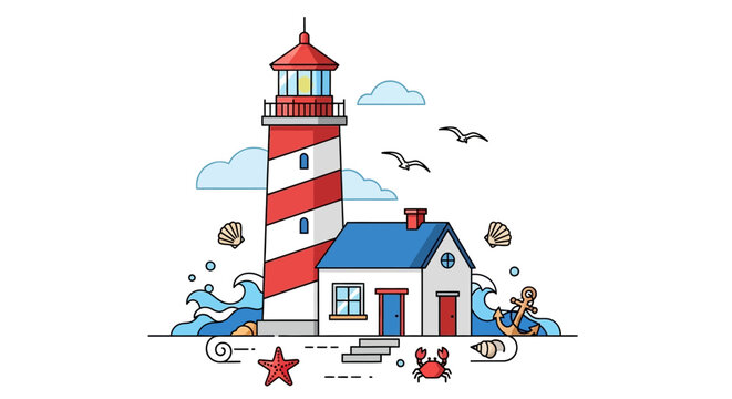Coastal serenity: charming lighthouse and seaside cottage illustration evoking nautical simplicity