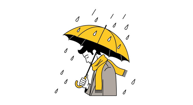 Solitary figure sheltered from a downpour under a vibrant yellow umbrella depiction