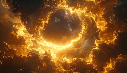 Ringed cloudscape; golden sunlight peeking thru the dark clouds creating a celestial vortex in the sky