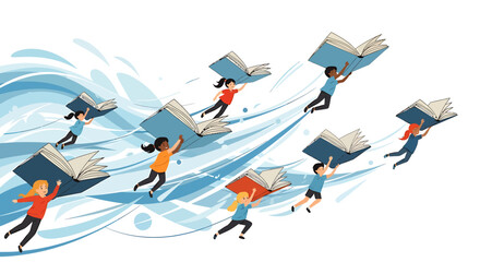 Naklejka premium Diverse Group of Children Flying on Giant Books Above Abstract Blue Waves