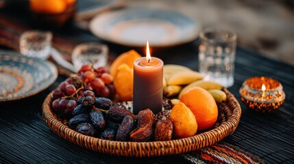 Obraz premium Warm candlelight illuminates a woven platter filled with fresh fruit and dried dates for a special occasion