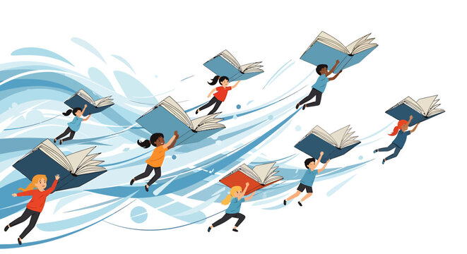 Diverse Group of Children Flying on Giant Books Above Abstract Blue Waves