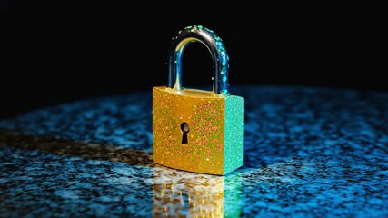 Golden padlock with glitter texture data protection and cyber security on reflective marble surface illuminated by colorful light, concept of digital privacy, encryption, and online safety protection - Powered by Adobe