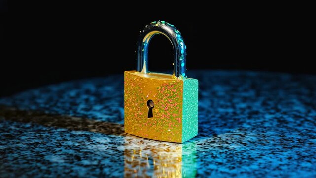 Golden padlock with glitter texture data protection and cyber security on reflective marble surface illuminated by colorful light, concept of digital privacy, encryption, and online safety protection