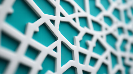 Geometric pattern with white lines and blue background, intricate shapes repeating across surface, creating visual interest and texture, ideal for backgrounds or design elements.
