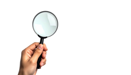 Hand holding magnifying glass against stark black background