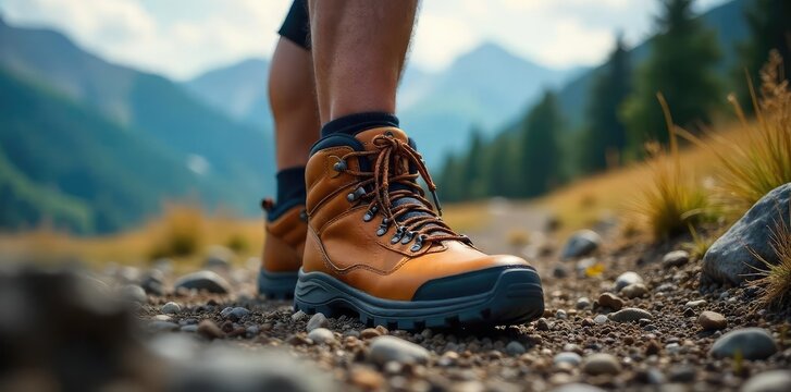 Close-up shot of sturdy hiking boots, laces tied, ready for adventure on rugged terrain Perfect for outdoor gear, travel, and adventure blogs , sole, leather, comfort