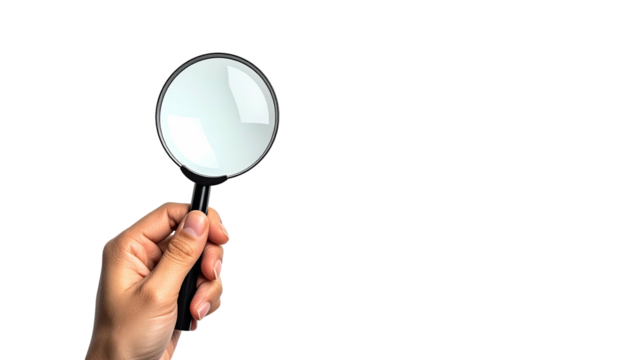 Hand holding magnifying glass against stark black background