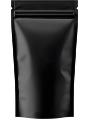 Matte black stand-up pouch mockup isolated on transparent background, ideal for product branding and packaging design..