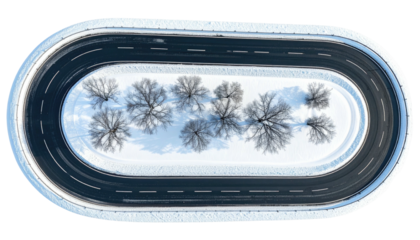 Wintry oval track encircling snowy grove, seen from above