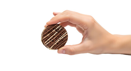 Hand holding a chocolate cookie with white icing on a white background on transparent background
