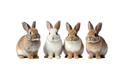 Four bunnies, assorted colors, sitting side by side, isolated