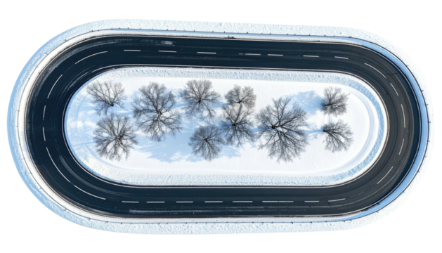 Wintry oval track encircling snowy grove, seen from above