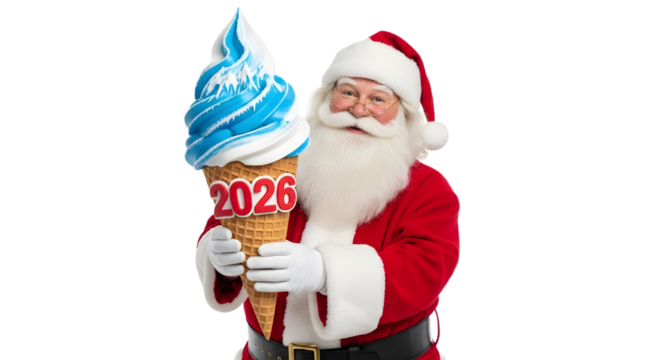 Santa claus holding a cone with blue ice cream and the year two zero two six on transparent background