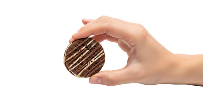 Hand holding a chocolate cookie with white icing on a white background on transparent background - Powered by Adobe