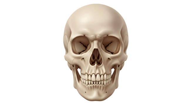 Human skull front view detailed anatomical illustration on black anatomy bone