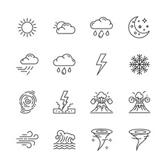 A diverse set of sixteen thin line art icons depicting weather conditions and natural disasters like tornadoes, volcanoes, and earthquakes.