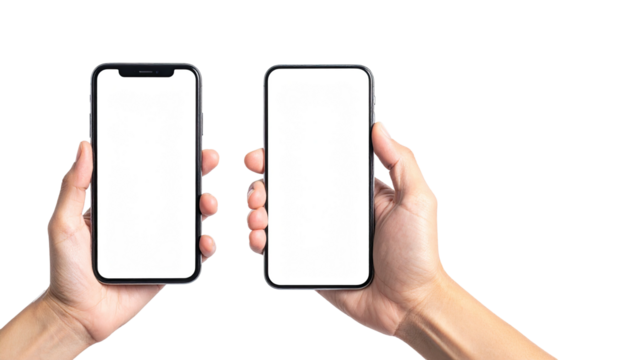 Two hands holding phones, white screens against black backdrop