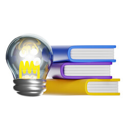 Glowing lightbulb with stack of colorful books, transparent background
