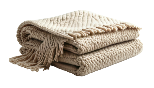 Folded, textured throw blanket with fringe edges, neutral tone