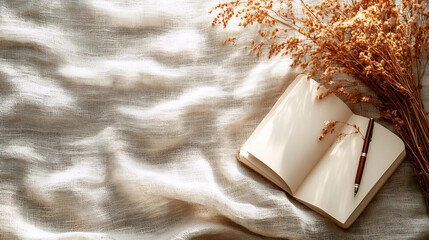 "Open notebook with dried flowers on soft linen fabric," "Rustic journal and pen on sunlit textile background," "Vintage writing setup with dried floral decor"