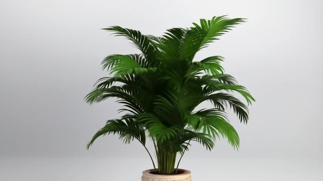 A lush, green potted plant with feathery leaves against a smooth white backdrop