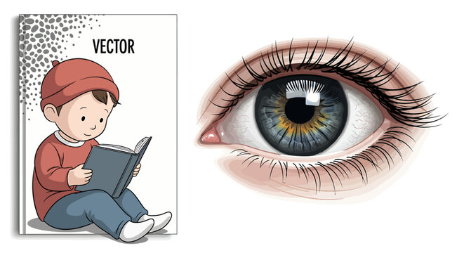 Set of Vector Illustrations Child Reading Book and Detailed Human Eye on White Background