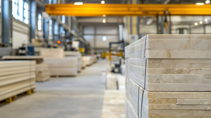Stacked marble tiles in a large warehouse, awaiting distribution. The tiles have a textured appearance and are arranged on pallets with a production line in the background.