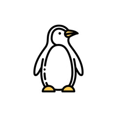 Adorable Cartoon Penguin with Black Outlines, Yellow Feet, and Beak, Standing Upright.