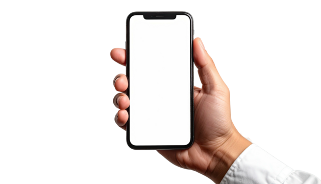Hand holds smartphone with blank white screen, dark background