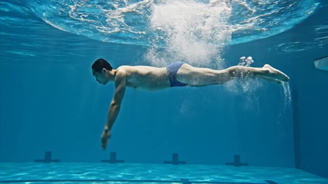 Underwater Serenity Mans Graceful Dive in Blue Pool.