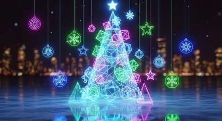 Vibrant glowing christmas tree adorned with neon ornaments against a bokeh city skyline at night
