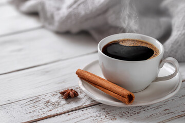 Freshly brewed realistic black coffee with cinnamon sticks beside for a comforting vibe