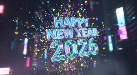 Vibrant neon lights illuminate happy new year 2023 amidst sparkling confetti and festive atmosphere
