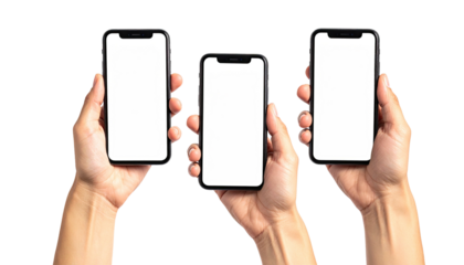 Three hands holding modern phones with blank, white screens