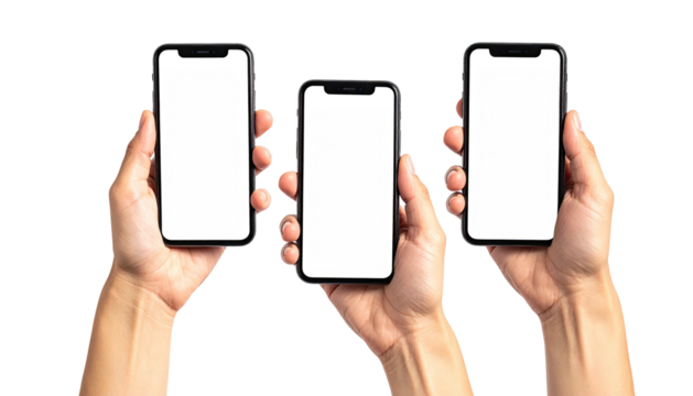 Three hands holding modern phones with blank, white screens