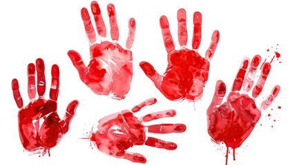Five red watercolor handprints on a black background