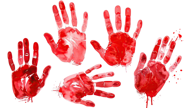 Five red watercolor handprints on a black background