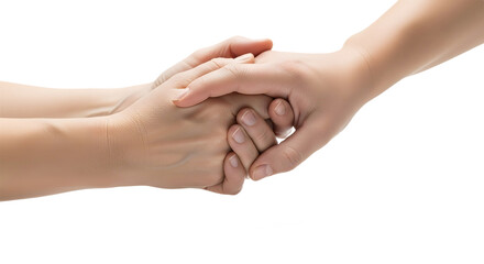 Close up of two hands clasped together in a gesture of support on transparent background